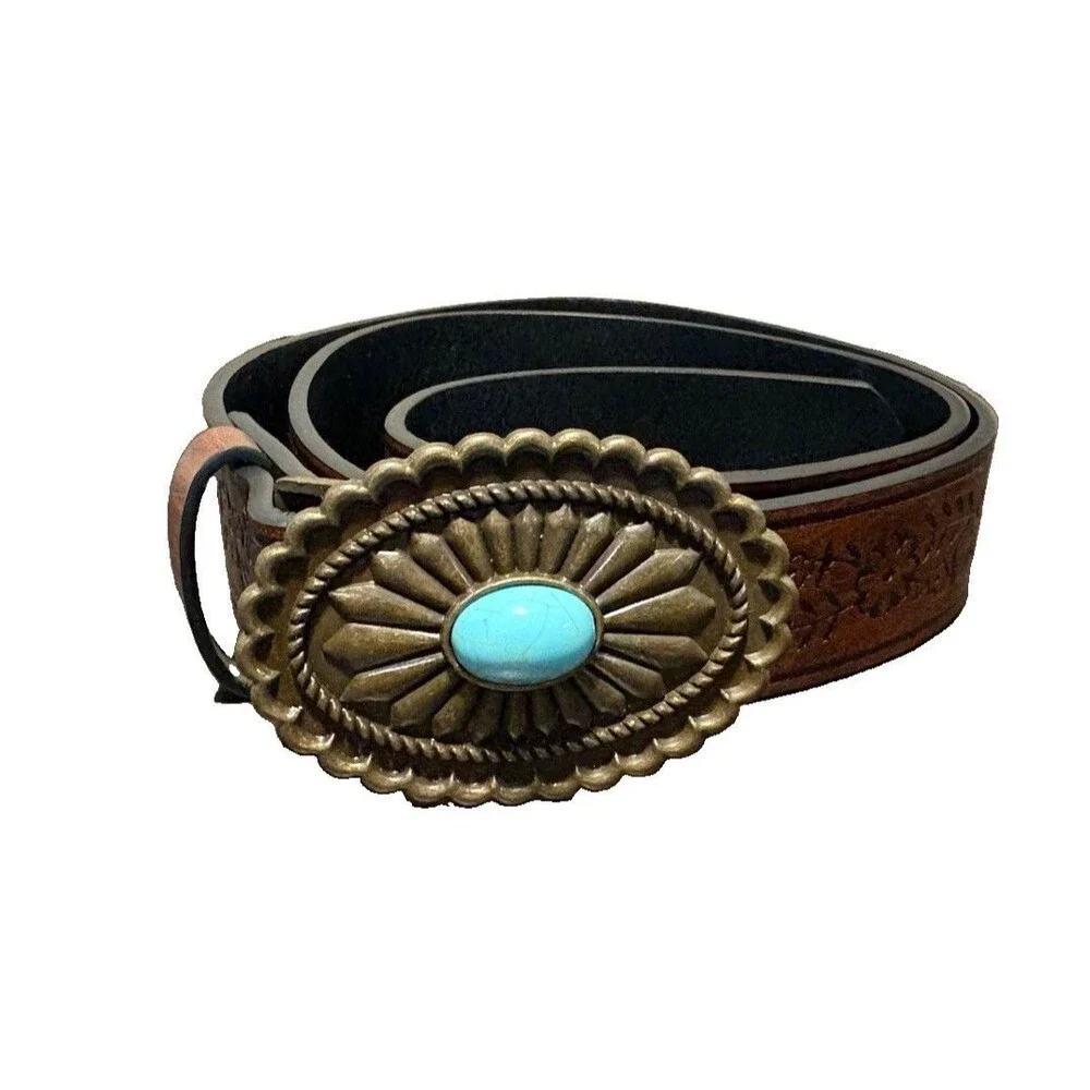 Western Floral Tooled Leather Belt Faux Turquoise Cabochon Buckle Brown 37” L